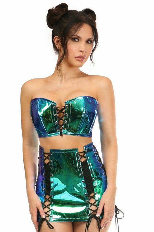 Daisy Corsets Lavish 2 PC Blue/Teal Holo Bustier & Skirt Set - Daisy Corsets - Flyclothing LLC