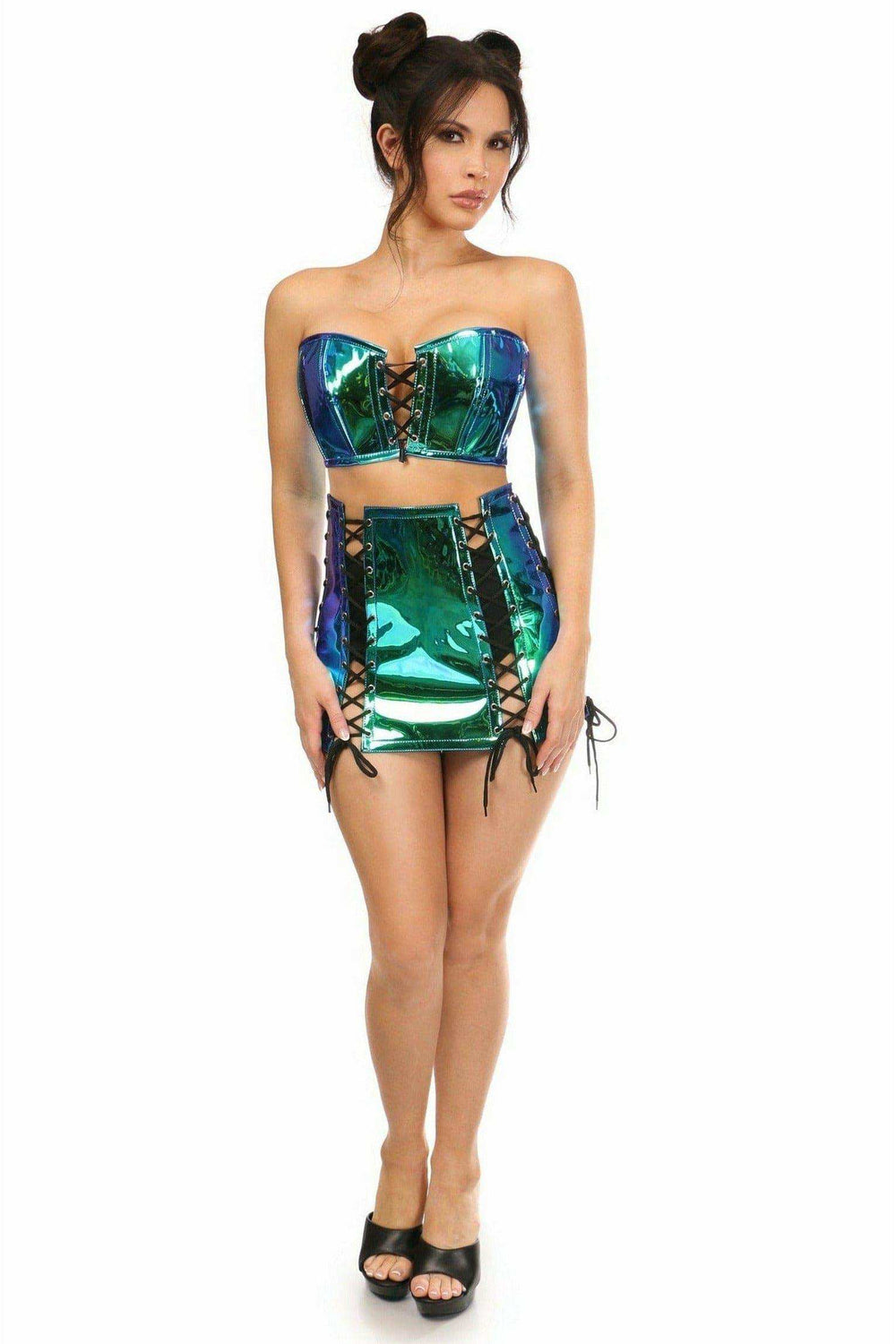 Daisy Corsets Lavish 2 PC Blue/Teal Holo Bustier & Skirt Set - Daisy Corsets - Flyclothing LLC