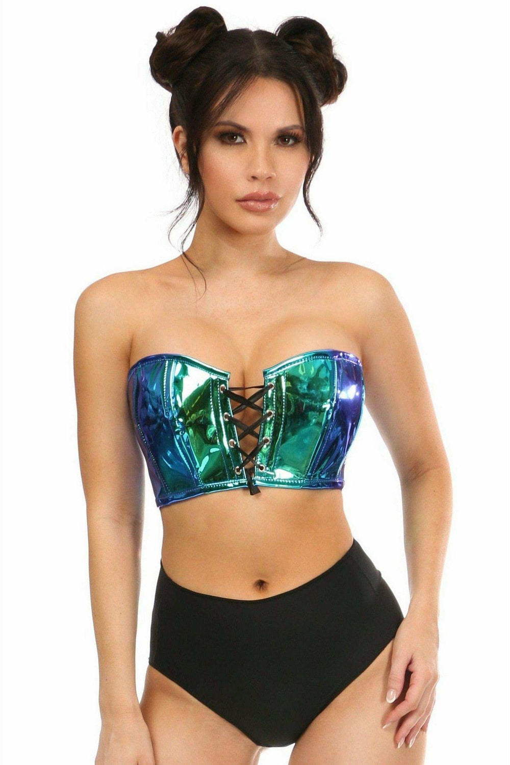 Daisy Corsets Lavish Teal/Blue Holo Lace-Up Short Bustier Top - Daisy Corsets - Flyclothing LLC