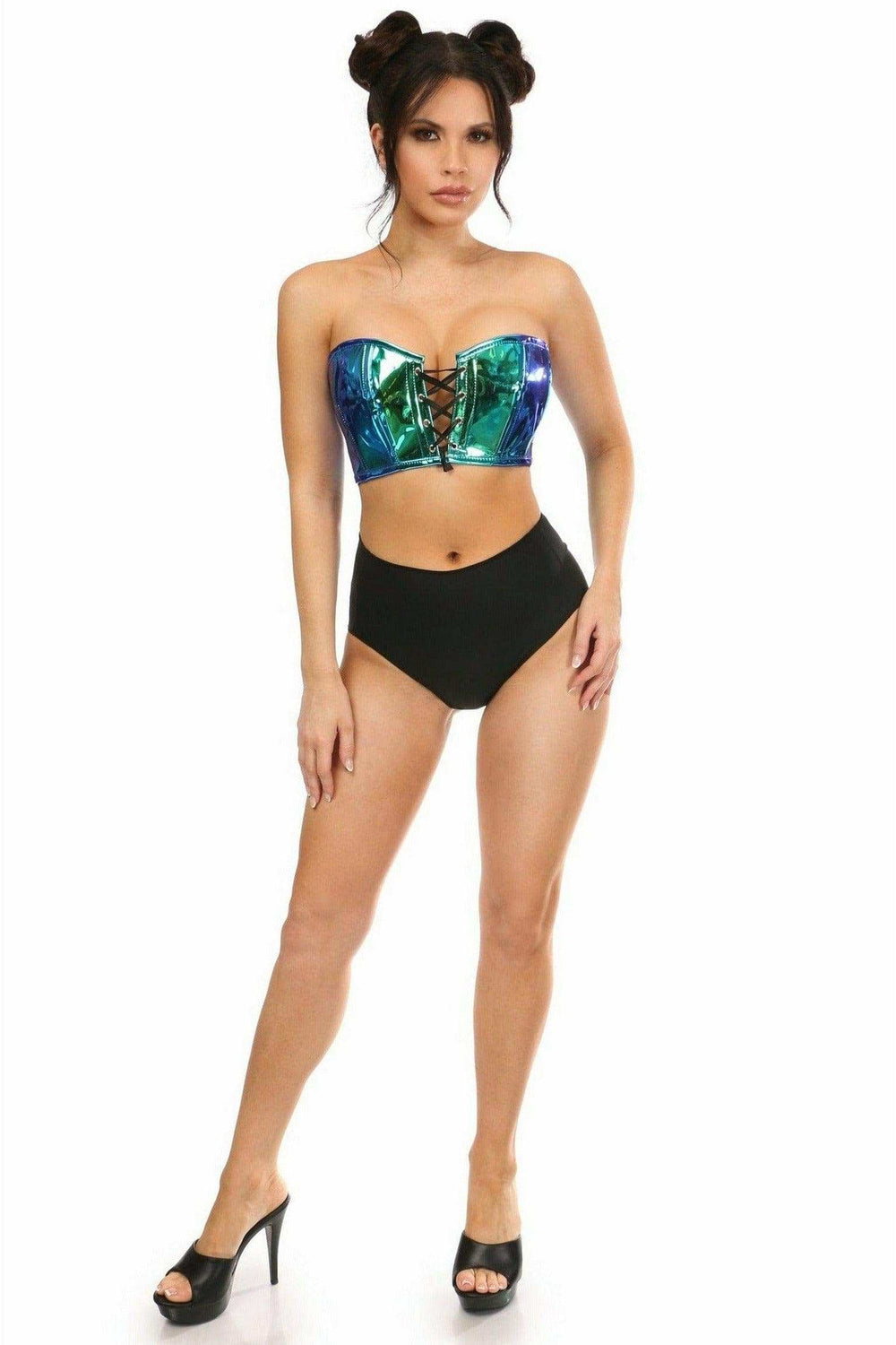 Daisy Corsets Lavish Teal/Blue Holo Lace-Up Short Bustier Top - Daisy Corsets - Flyclothing LLC