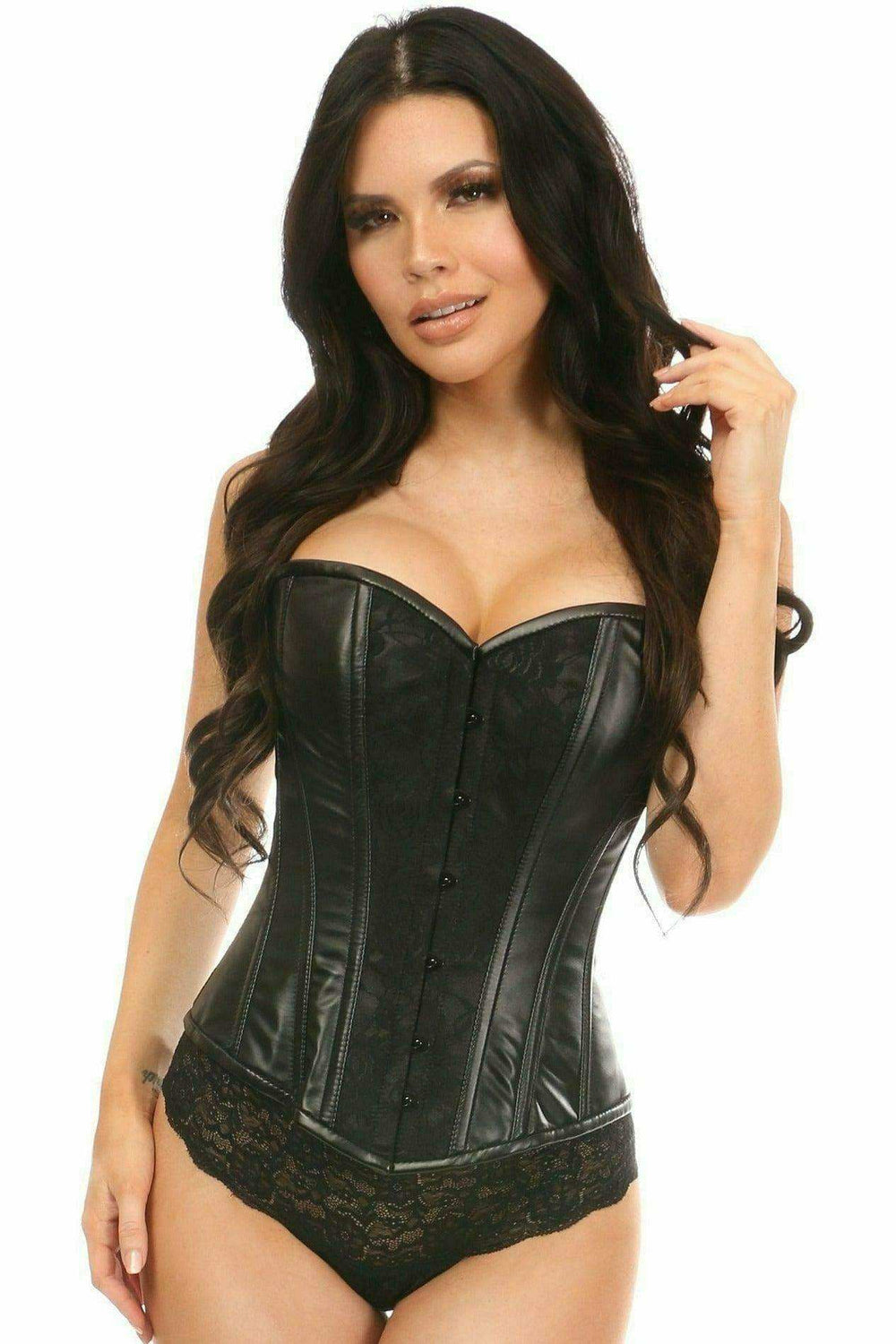 Daisy Corsets Lavish Wet Look Overbust Corset Black w/Lace Overlay - Daisy Corsets - Flyclothing LLC
