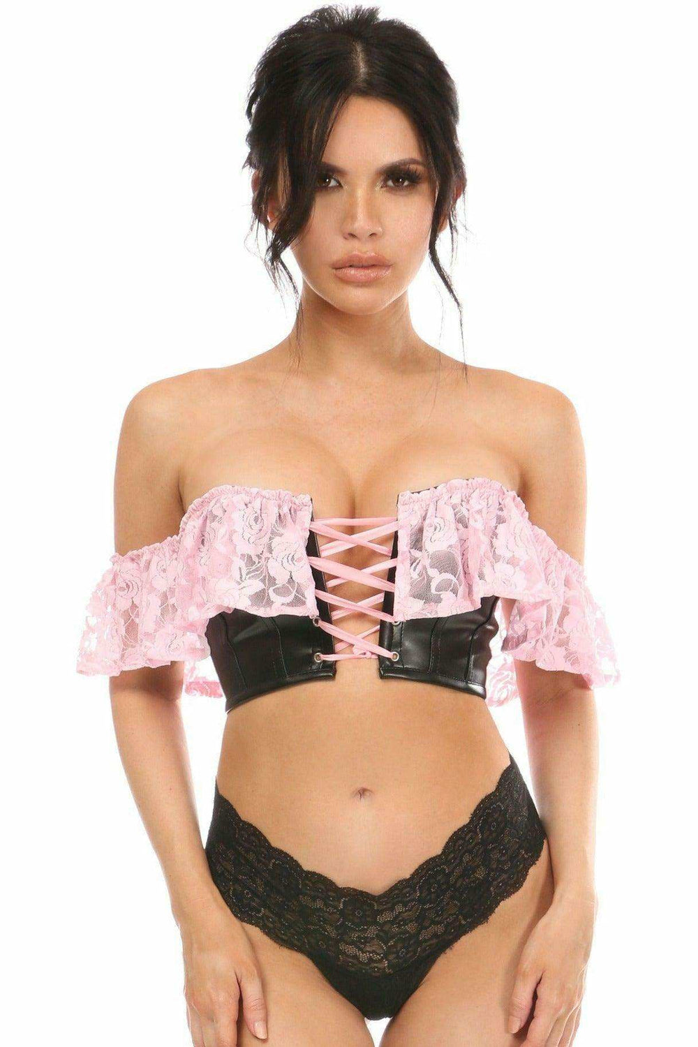 Lavish Lt Pink Lace & Faux Leather Bustier Top - Daisy Corsets - Flyclothing LLC