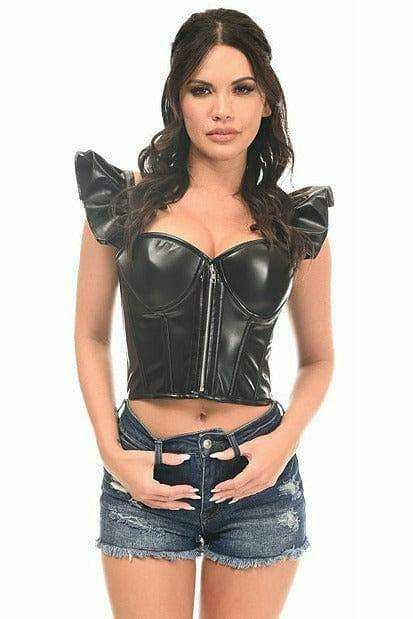 Daisy Corsets Lavish Black Faux Leather Bustier Top w/Ruffle Sleeves - Daisy Corsets - Flyclothing LLC
