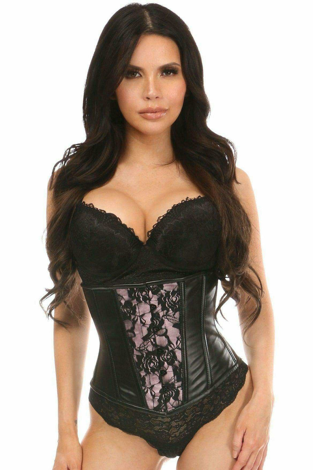 Daisy Corsets Lavish Wet Look Under Bust Corset Pink w/Lace Overlay - Daisy Corsets - Flyclothing LLC