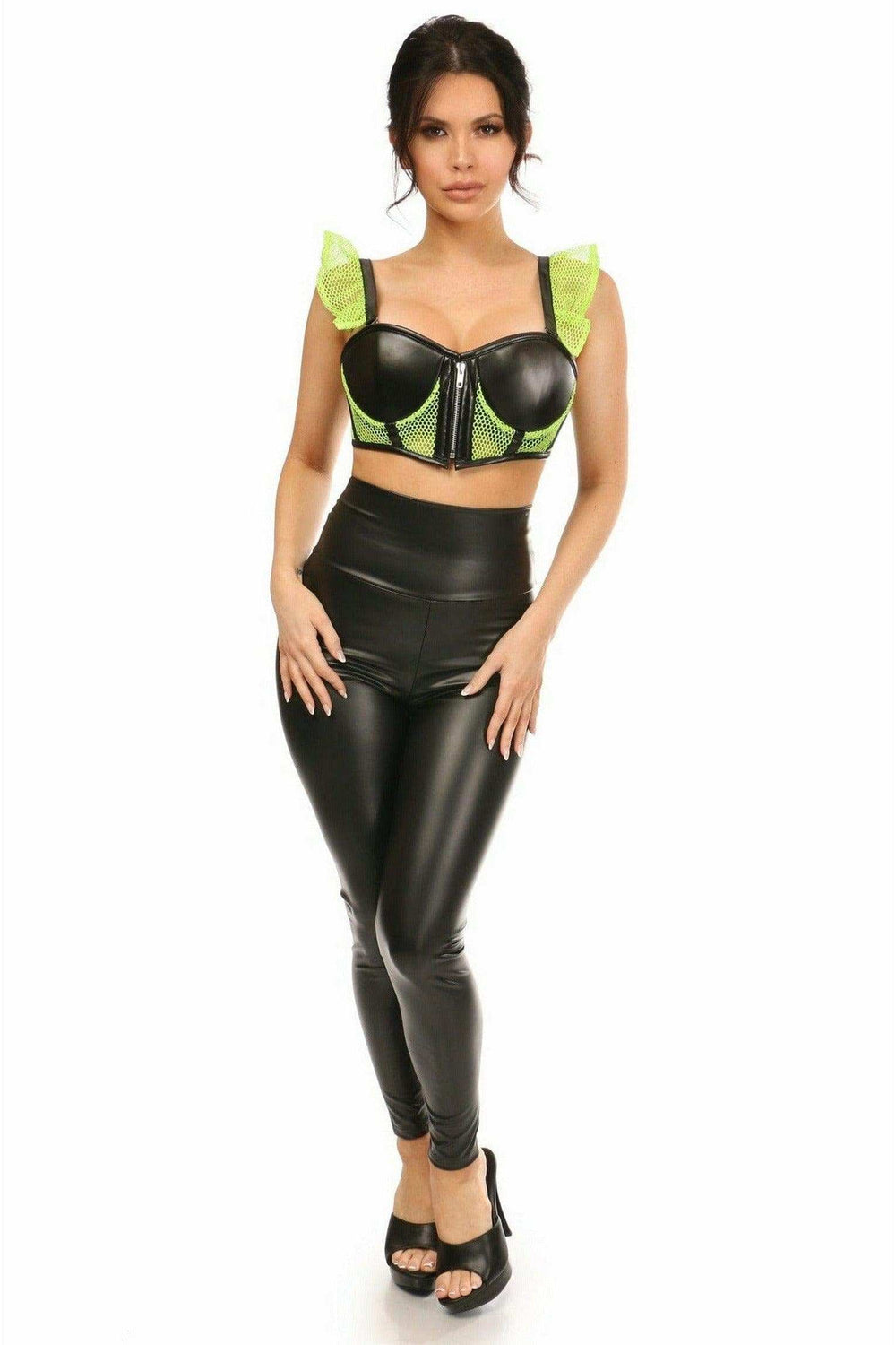 Daisy Corsets Lavish Neon Green Fishnet & Faux Leather Underwire Bustier Top w/Removable Ruffle Sleeves - Daisy Corsets - Flyclothing LLC