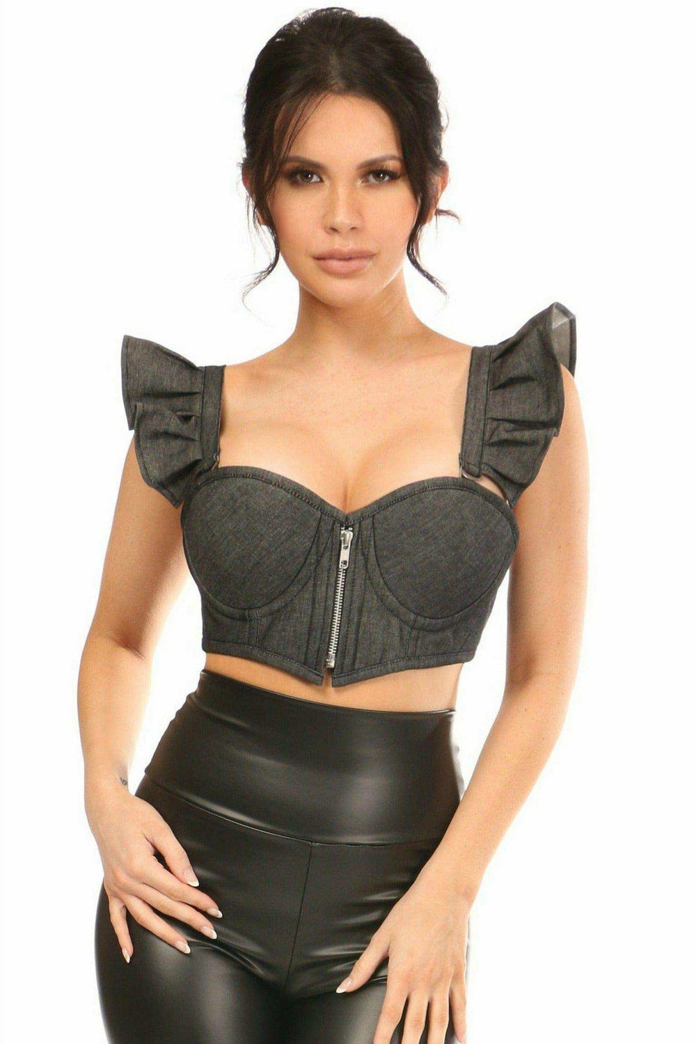 Daisy Corsets Lavish Black Denim Underwire Bustier Top w/Removable Ruffle Sleeves - Daisy Corsets - Flyclothing LLC