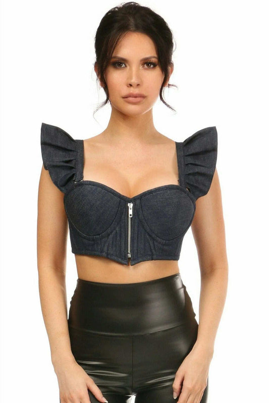 Daisy Corsets Lavish Blue Denim Underwire Bustier Top w/Removable Ruffle Sleeves - Daisy Corsets - Flyclothing LLC