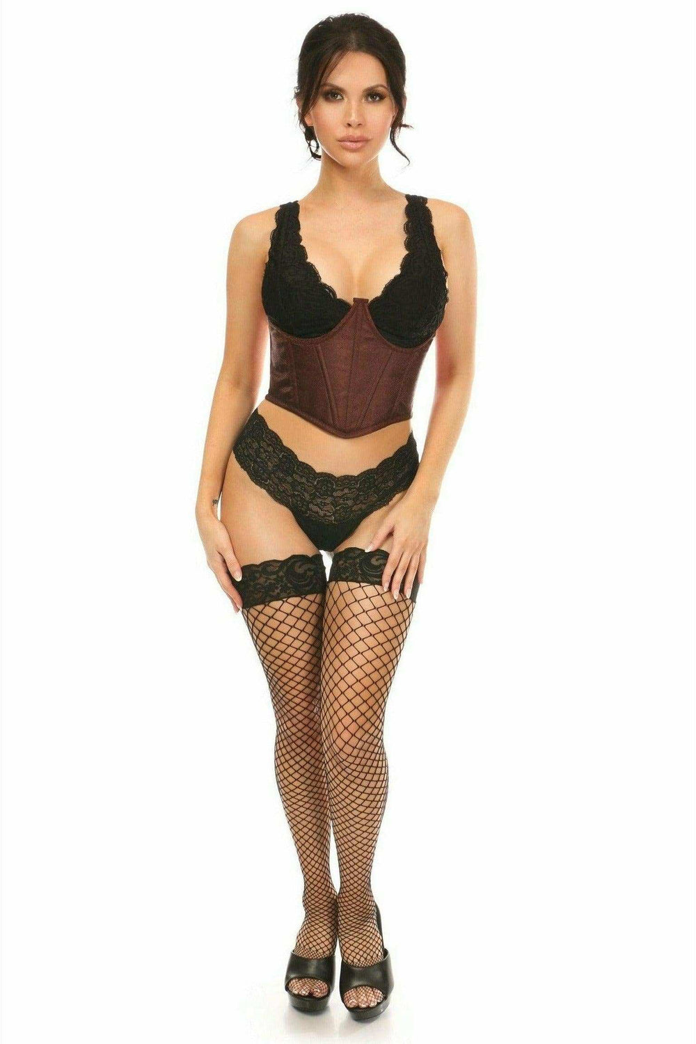 Daisy Corsets Lavish Dark Brown Brocade Open Cup Waist Cincher - Daisy Corsets - Flyclothing LLC