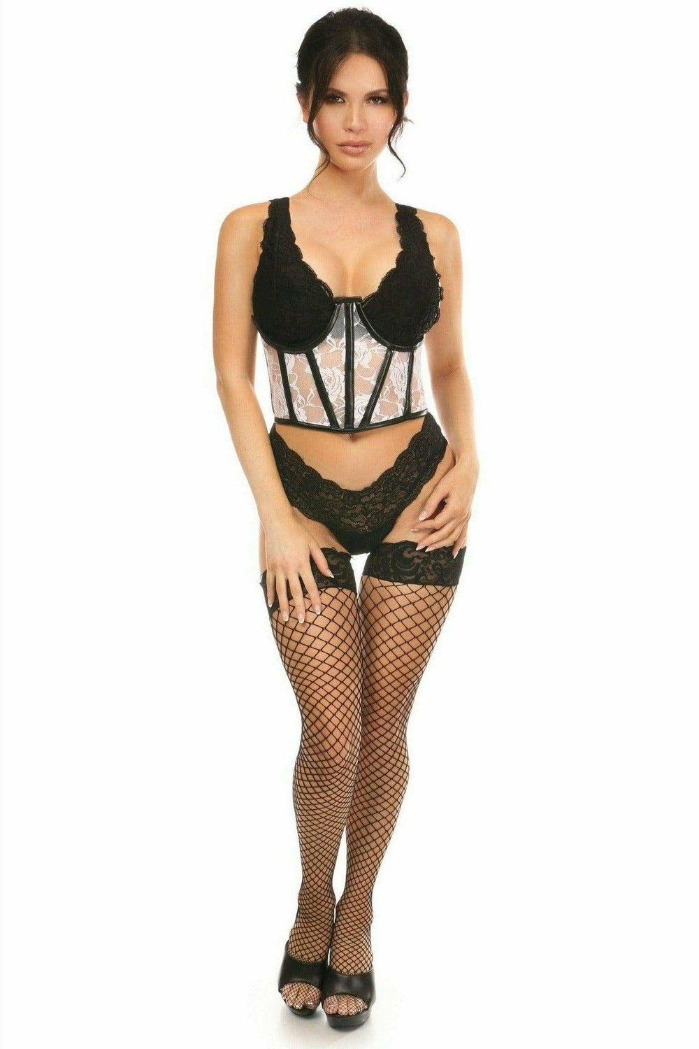 Daisy Corsets Lavish Sheer White Lace & Faux Leather Open Cup Waist Cincher - Daisy Corsets - Flyclothing LLC