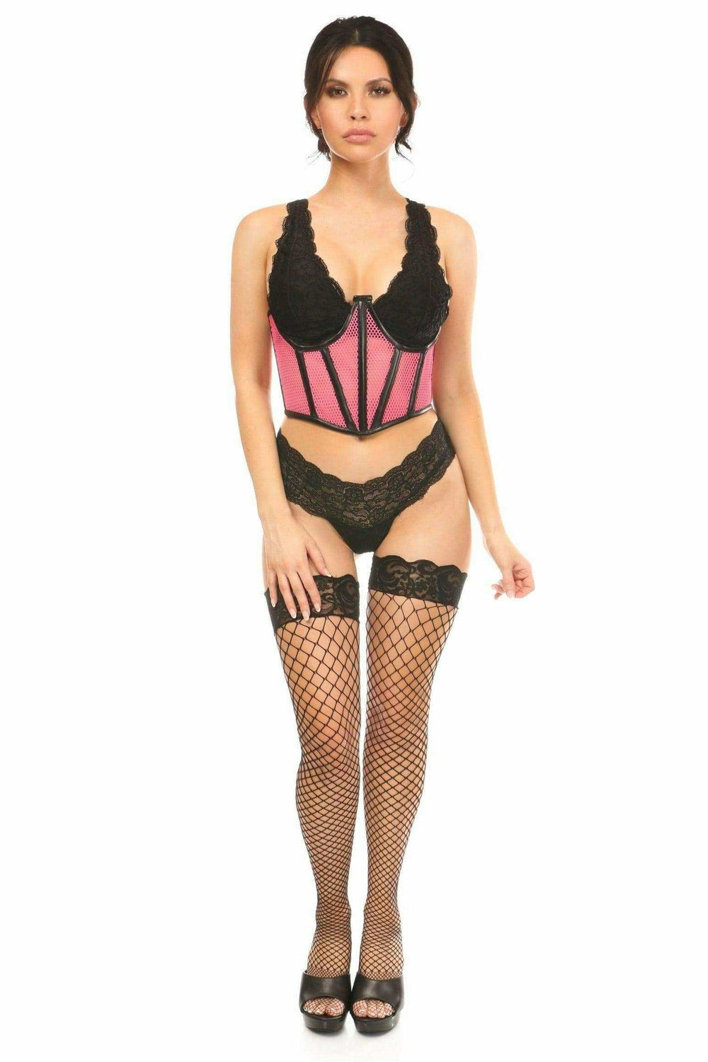 Lavish Pink Fishnet Underwire Open Cup Waist Cincher - Daisy Corsets - Flyclothing LLC