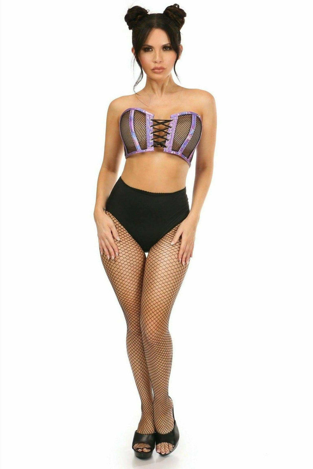 Daisy Corsets Lavish Purple Holo & Fishnet Lace-Up Short Bustier Top - Daisy Corsets - Flyclothing LLC