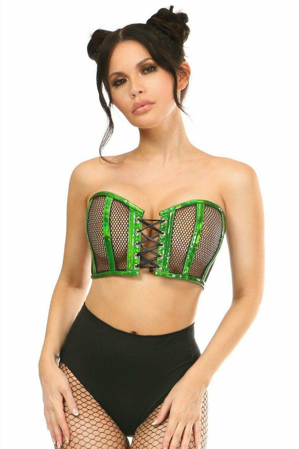 Daisy Corsets Lavish Green Holo & Fishnet Lace-Up Short Bustier Top - Daisy Corsets - Flyclothing LLC