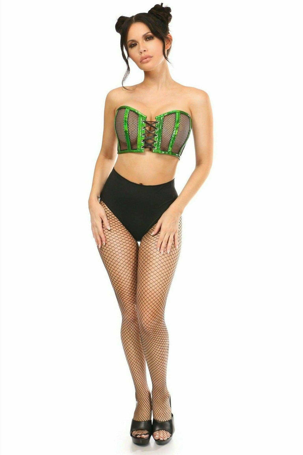 Daisy Corsets Lavish Green Holo & Fishnet Lace-Up Short Bustier Top - Daisy Corsets - Flyclothing LLC