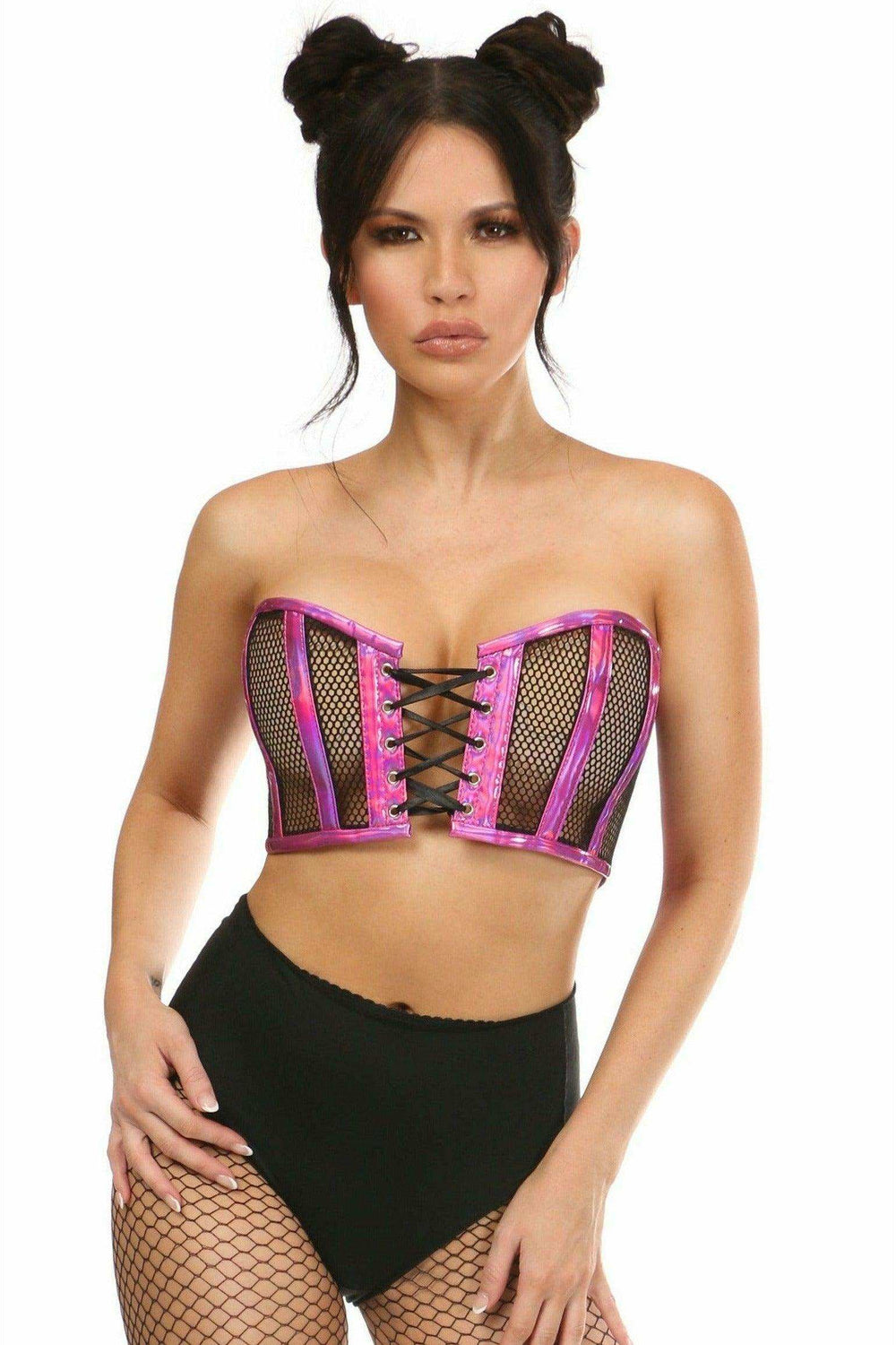 Lavish Fuchsia Holo & Fishnet Lace-Up Short Bustier Top - Daisy Corsets - Flyclothing LLC