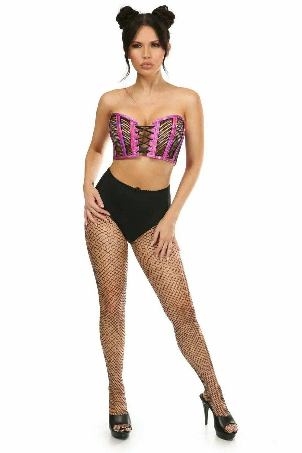Daisy Corsets Lavish Fuchsia Holo & Fishnet Lace-Up Short Bustier Top - Daisy Corsets - Flyclothing LLC