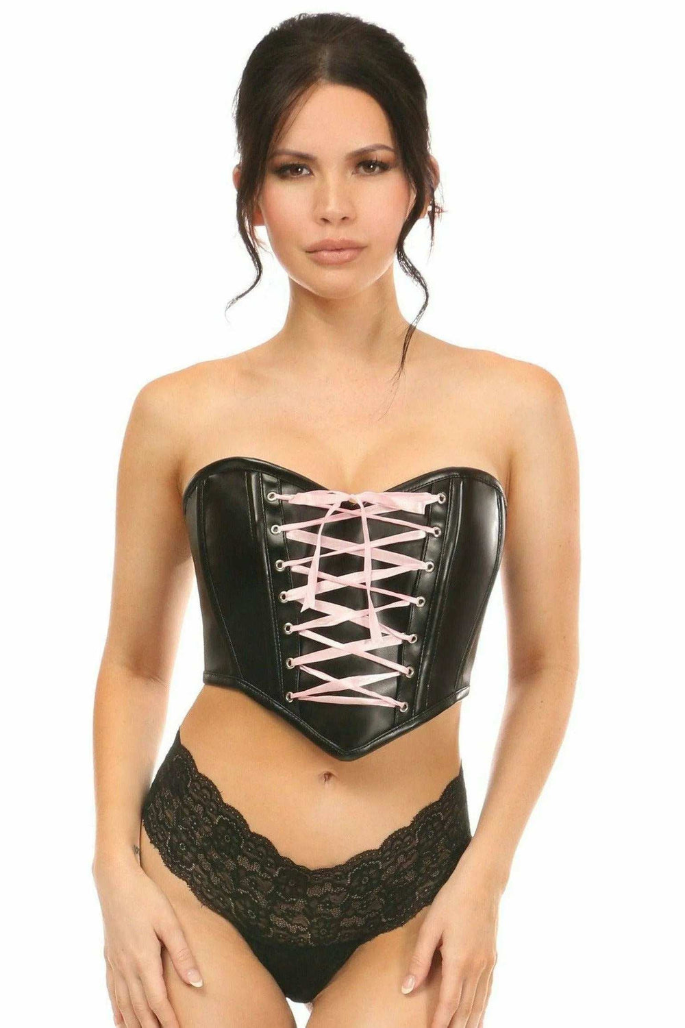 Lavish Black Faux Leather w/Pink Lace-Up Bustier - Daisy Corsets - Flyclothing LLC