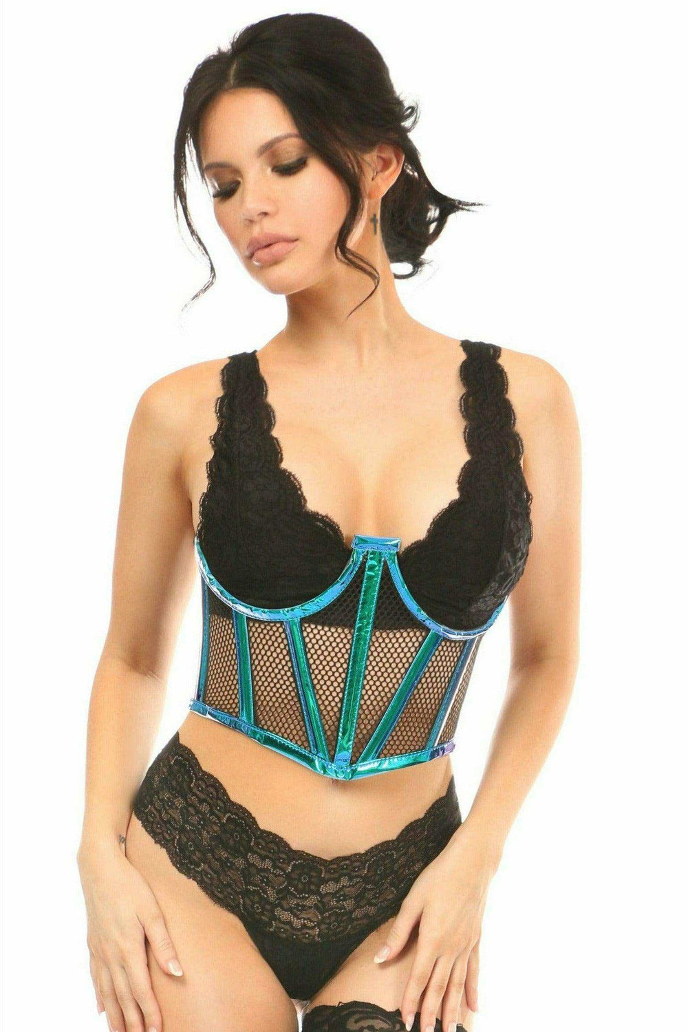 Daisy Corsets Lavish Blue/Teal Holo & Fishnet Underwire Waist Cincher Corset - Daisy Corsets - Flyclothing LLC