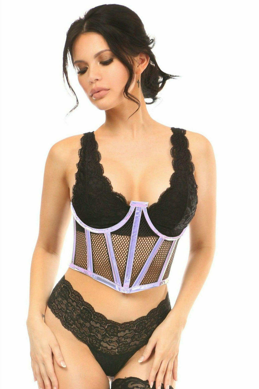 Daisy Corsets Lavish Lavender Holo & Fishnet Underwire Waist Cincher Corset - Daisy Corsets - Flyclothing LLC