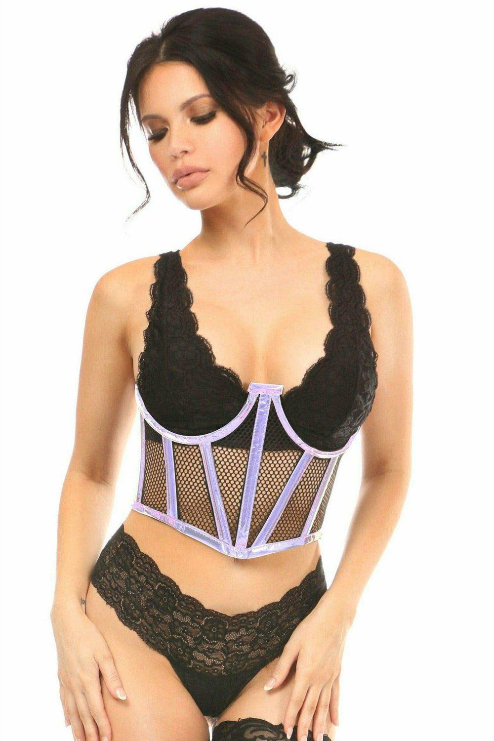 Lavish Lavender Holo & Fishnet Underwire Waist Cincher Corset - Daisy Corsets - Flyclothing LLC