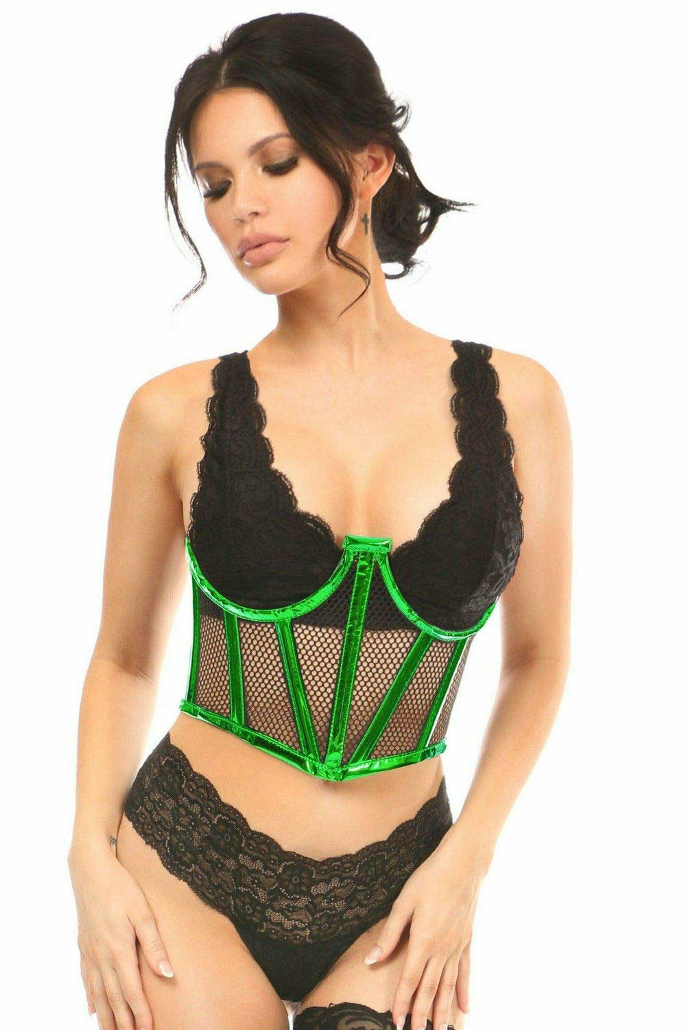 Lavish Green Holo & Fishnet Underwire Waist Cincher Corset - Daisy Corsets - Flyclothing LLC