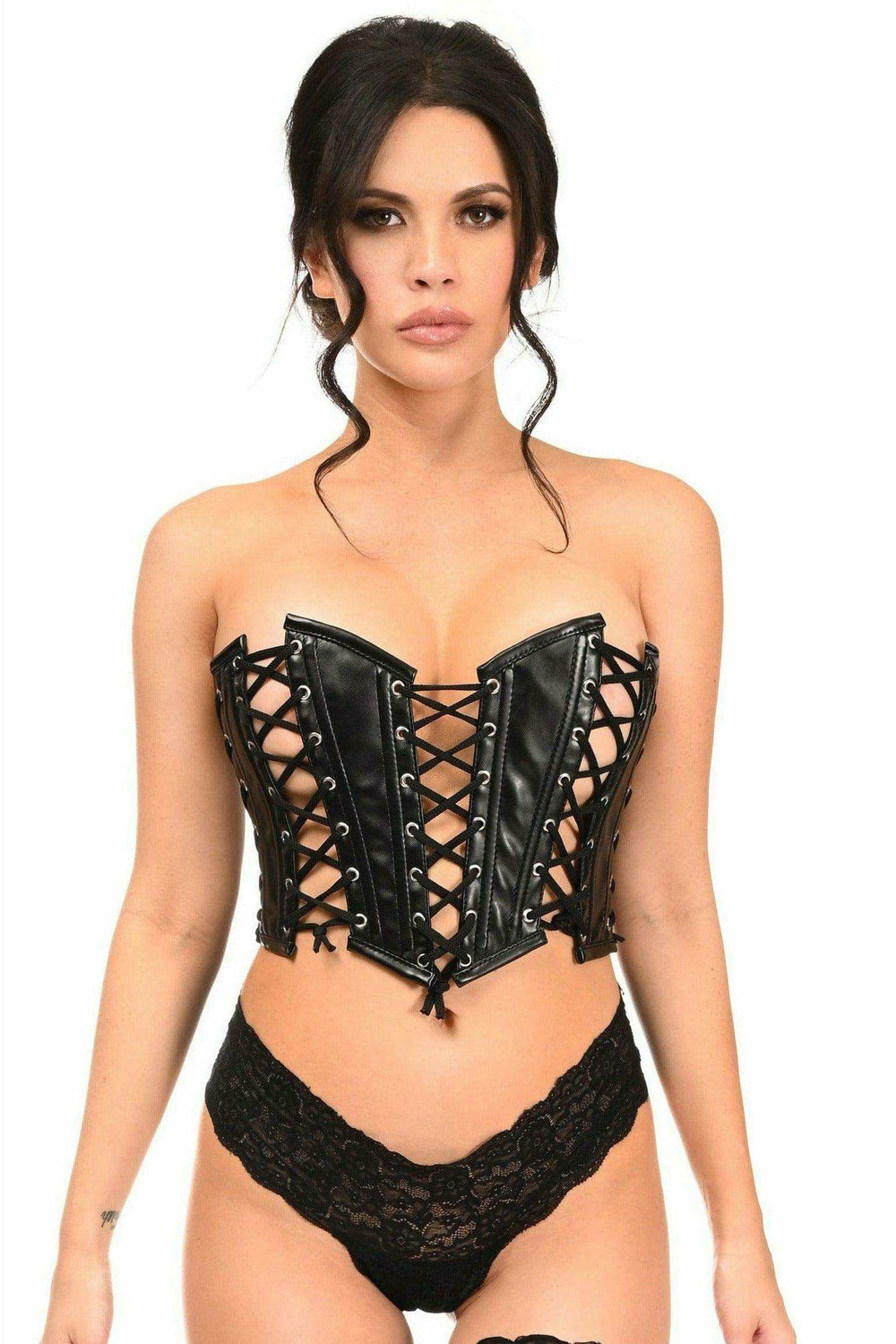 Daisy Corsets Lavish Black Faux Leather w/Black Lacing Lace-Up Bustier - Daisy Corsets - Flyclothing LLC