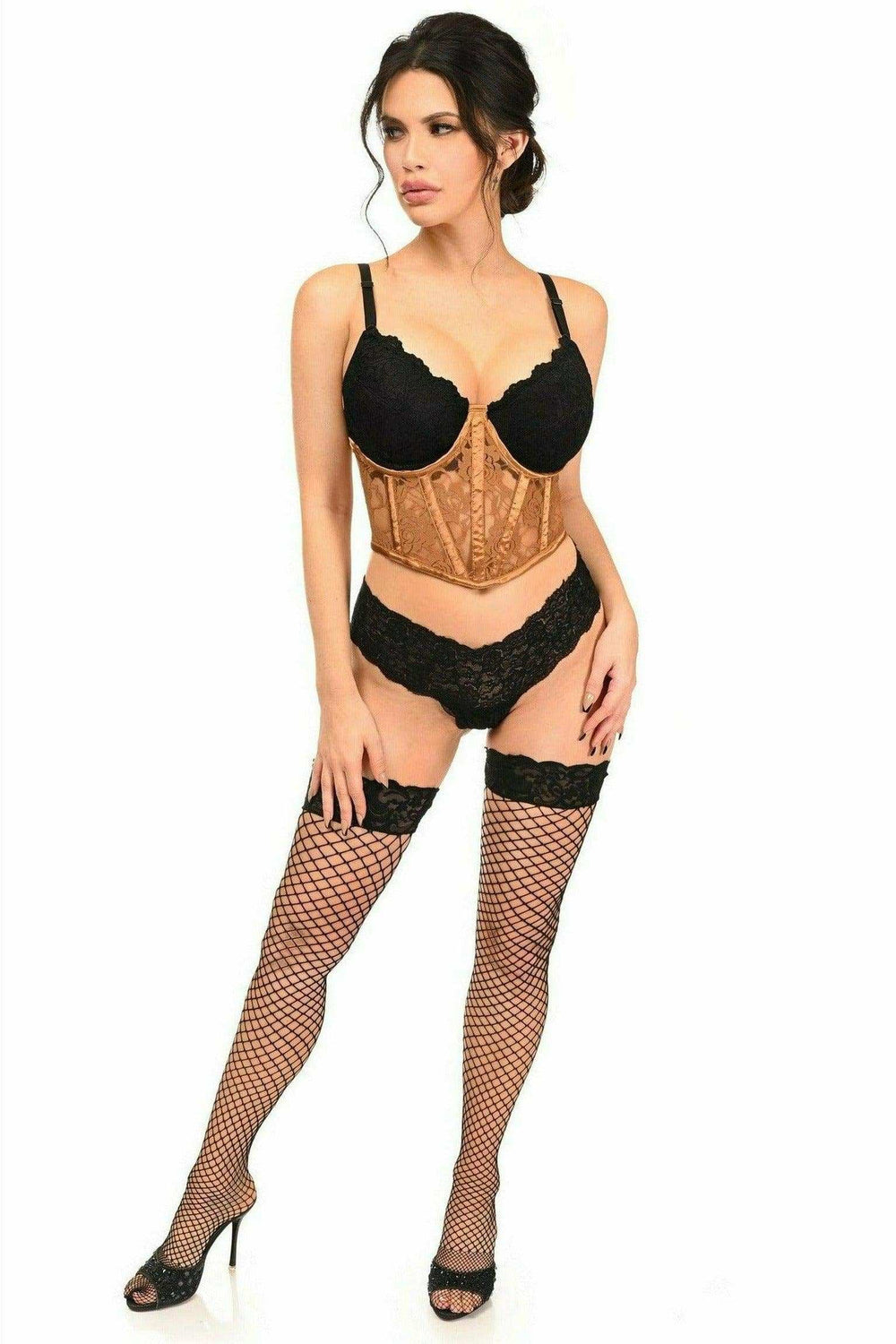 Lavish Caramel Sheer Lace Underwire Waist Cincher Corset - Daisy Corsets - Flyclothing LLC