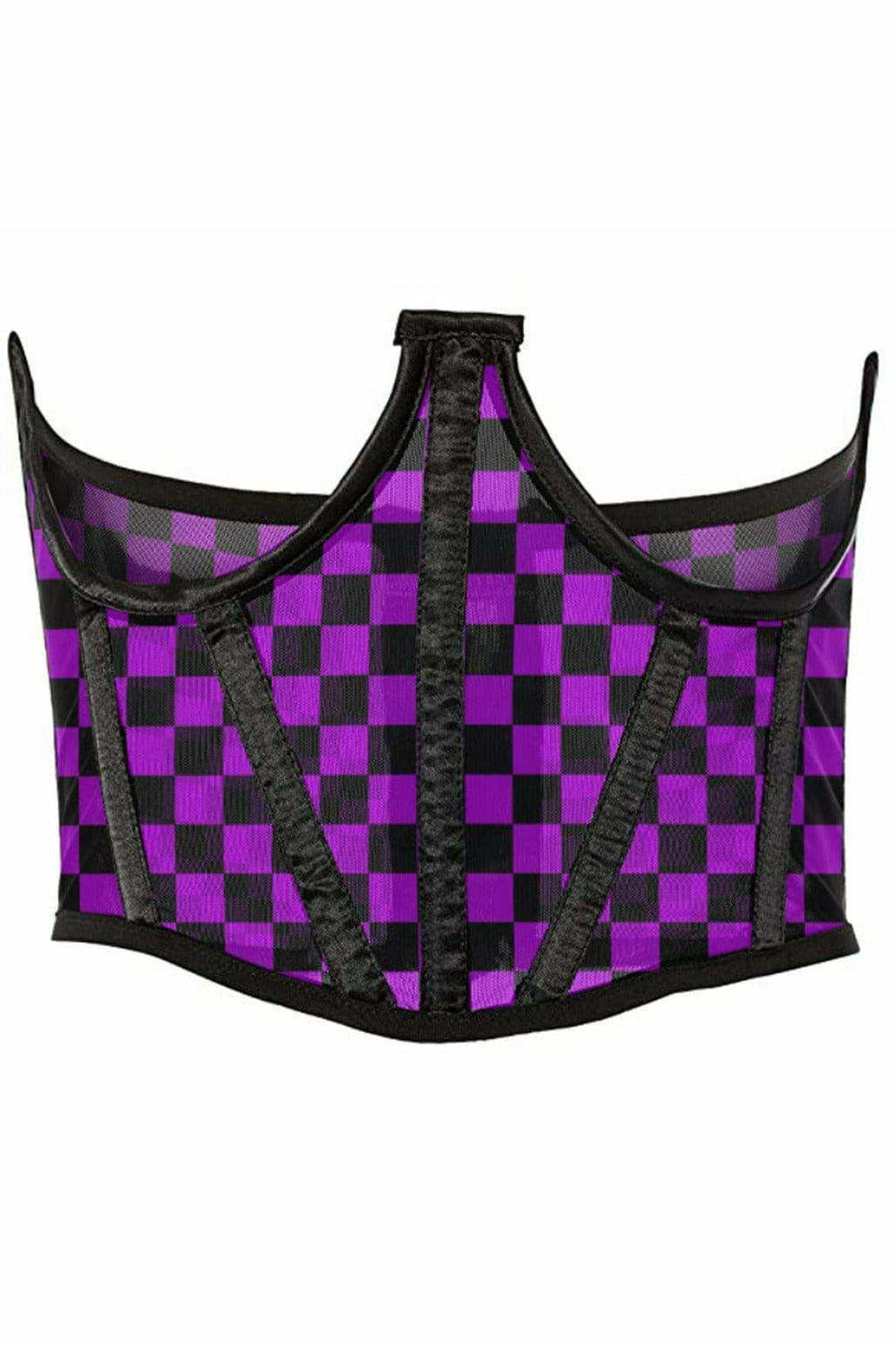Daisy Corsets Lavish Neon Purple/Black Checker Print Mesh Open Cup Waist Cincher - Daisy Corsets - Flyclothing LLC