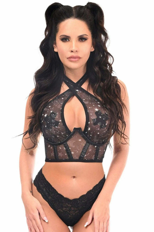 Daisy Corsets Lavish Celestial Print Mesh Underwire Cincher w/Built In Halter Top - Daisy Corsets - Flyclothing LLC
