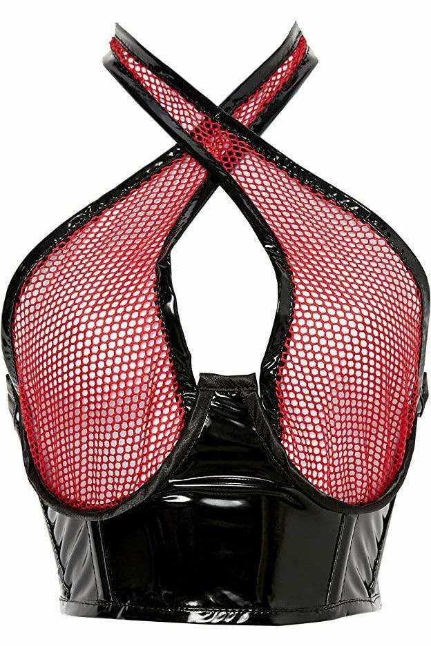 Lavish Red/Black Vinyl & Fishnet Halter Top Underwire Cincher - Daisy Corsets - Flyclothing LLC