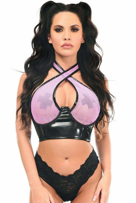 Daisy Corsets Lavish Lt Pink/Black Vinyl & Fishnet Halter Top Underwire Cincher - Daisy Corsets - Flyclothing LLC