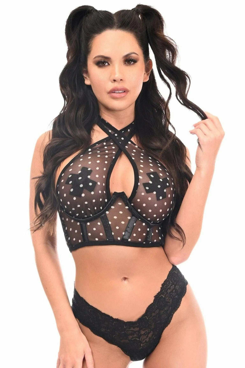 Daisy Corsets Lavish Polka Dot Mesh Underwire Cincher w/Built In Halter Top - Daisy Corsets - Flyclothing LLC