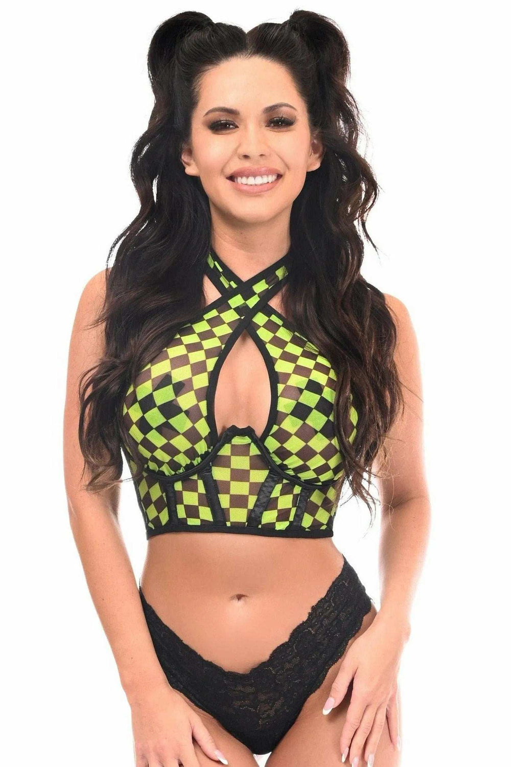 Daisy Corsets Lavish Black/Green Checker Mesh Underwire Cincher w/Built In Halter Top - Daisy Corsets - Flyclothing LLC