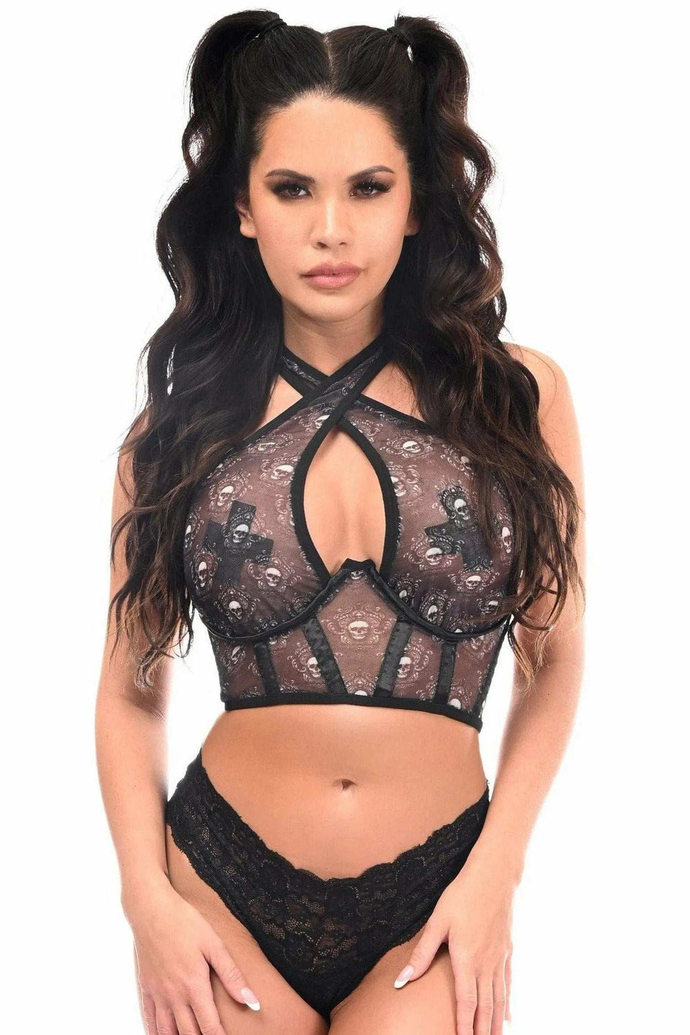 Daisy Corsets Lavish White Skulls Print Mesh Underwire Cincher w/Built In Halter Top - Daisy Corsets - Flyclothing LLC