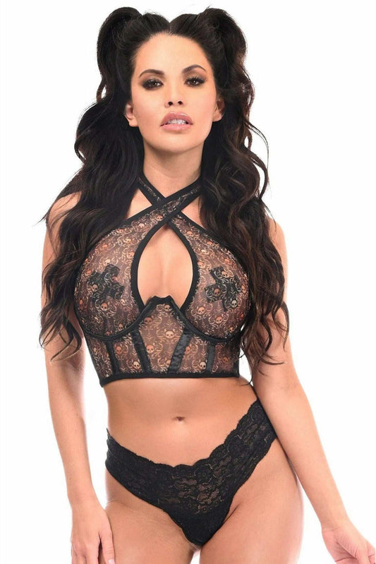 Daisy Corsets Lavish Orange Skulls Print Mesh Underwire Cincher w/Built In Halter Top - Daisy Corsets - Flyclothing LLC
