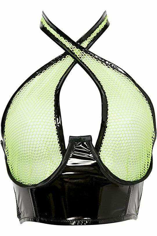 Lavish Neon Green/Black Vinyl & Fishnet Halter Top Underwire Cincher - Daisy Corsets - Flyclothing LLC