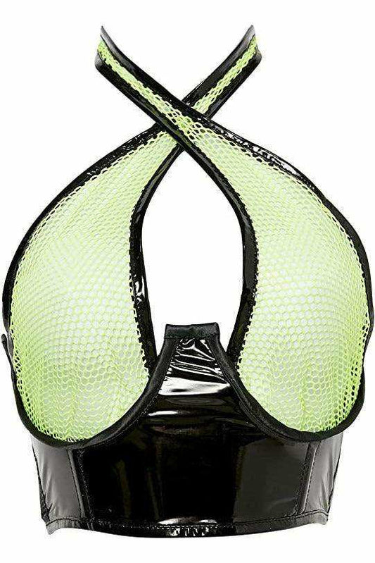Lavish Neon Green/Black Vinyl & Fishnet Halter Top Underwire Cincher - Daisy Corsets - Flyclothing LLC