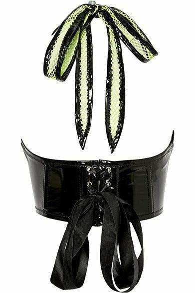 Lavish Neon Green/Black Vinyl & Fishnet Halter Top Underwire Cincher - Daisy Corsets - Flyclothing LLC