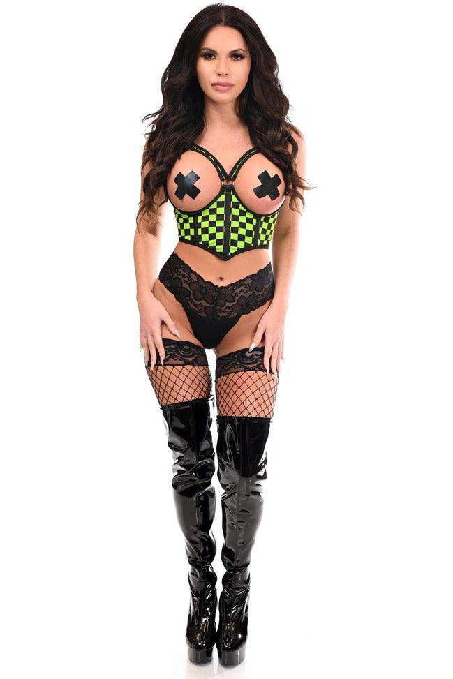 Daisy Corsets Lavish Neon Green Checker Underwire Open Cup Lycra Cincher w/Criss Cross Back - Daisy Corsets - Flyclothing LLC