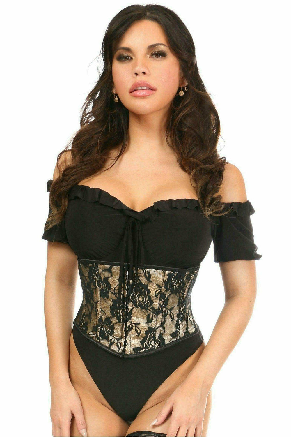 Daisy Corsets Lavish Tan w/Black Lace Overlay Mini Cincher - Daisy Corsets - Flyclothing LLC