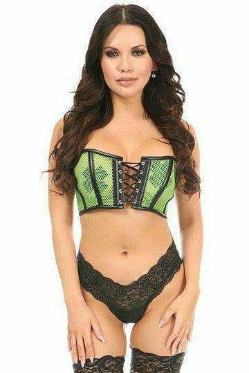 Daisy Corsets Lavish Neon Green Fishnet & Faux Leather Lace-Up Short Bustier Top - Daisy Corsets - Flyclothing LLC