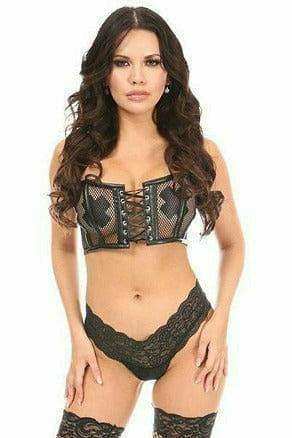 Daisy Corsets Lavish Black Fishnet & Faux Leather Lace-Up Short Bustier Top - Daisy Corsets - Flyclothing LLC