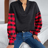 Buffalo Plaid Color Block Balloon Sleeve Top - Trendsi - Flyclothing LLC
