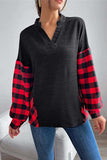 Buffalo Plaid Color Block Balloon Sleeve Top - Trendsi - Flyclothing LLC