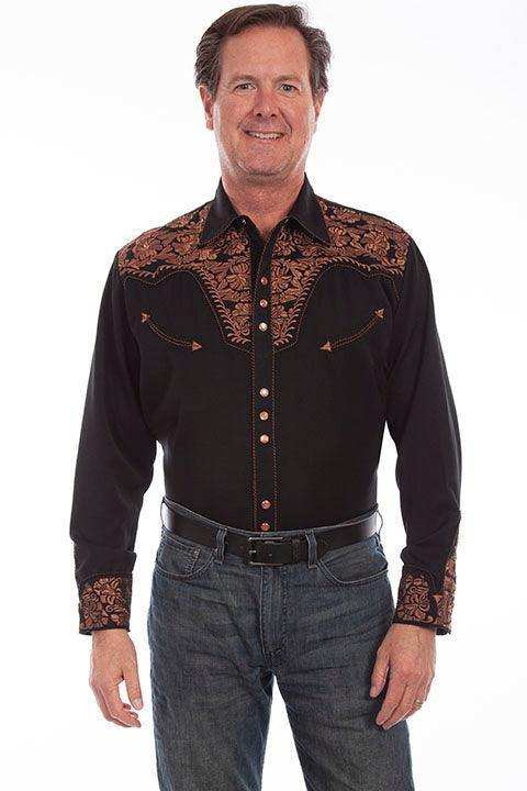 Scully BLACK FLORAL TOOLED EMBROIDERY SHIRT - Scully Leather - Flyclothing LLC