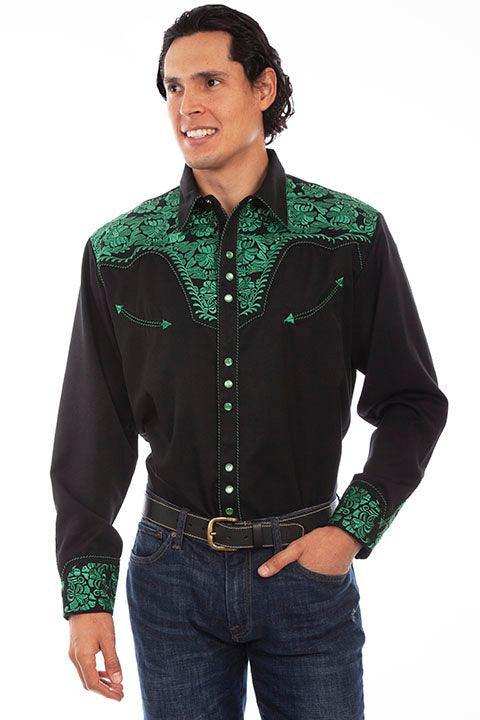 Scully Leather Emerald Floral Tooled Embroidery Mens Shirt - Scully Leather - Flyclothing LLC