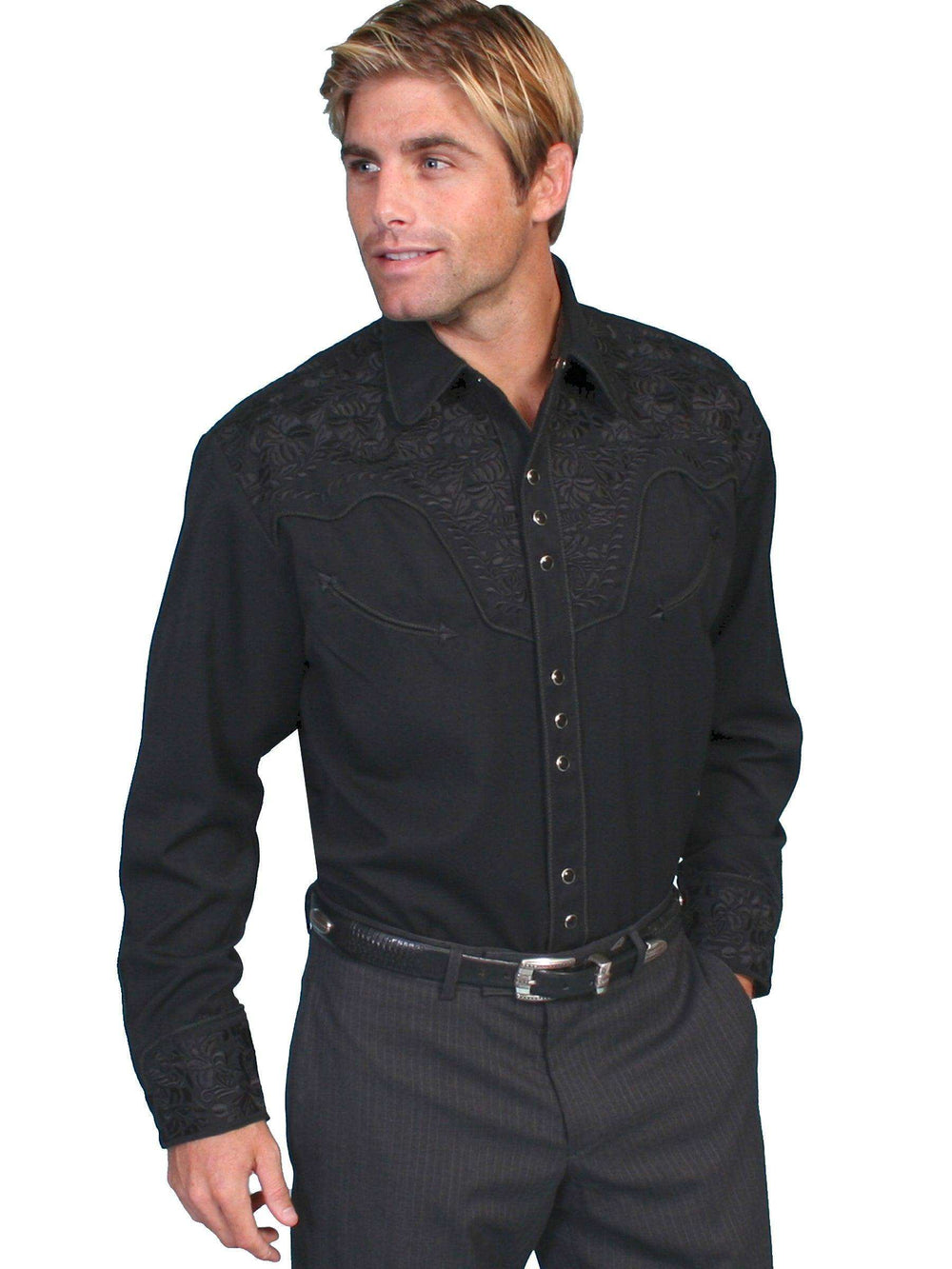 Scully JET BLACK FLORAL TOOLED EMBROIDERY SHIRT - Scully Leather - Flyclothing LLC