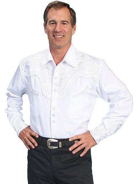 Scully WHITE FLORAL TOOLED EMBROIDERY SHIRT - Scully Leather - Flyclothing LLC