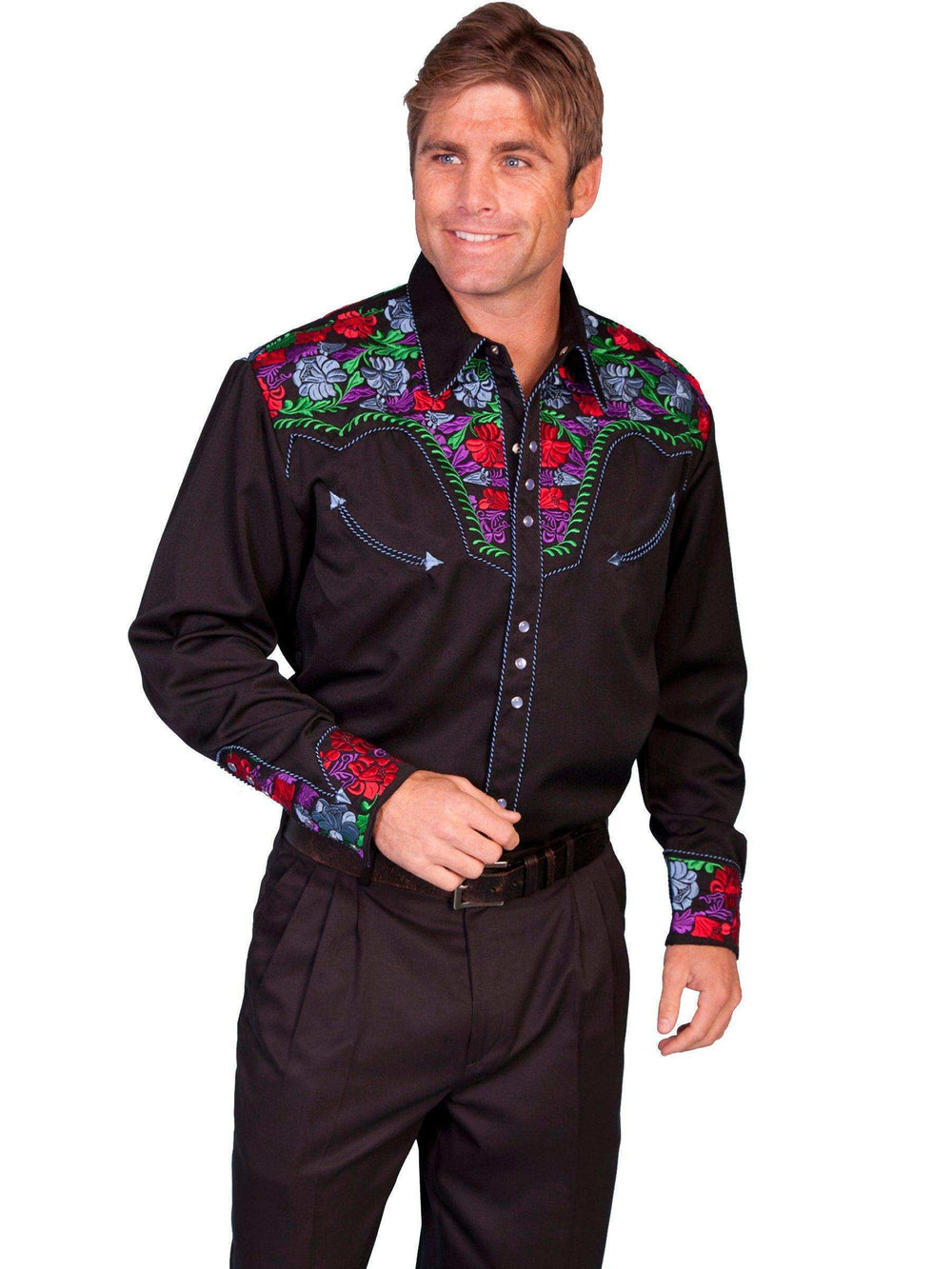 Scully BLUE COLORFUL FLORAL TOOLED EMB. SHIRT - Scully Leather - Flyclothing LLC