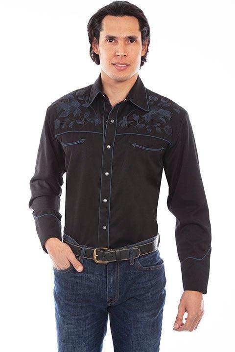 Scully BLACK ROSE EMBROIDERED STRAIGHT YOKE SHIRT - Scully Leather - Flyclothing LLC