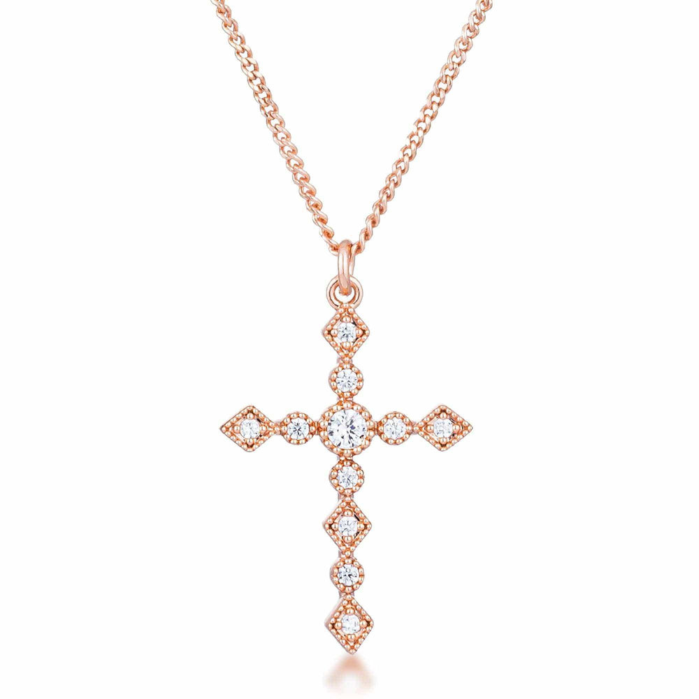 Dainty Art Deco Rose Gold Plated Clear CZ Cross Pendant - JGI - Flyclothing LLC